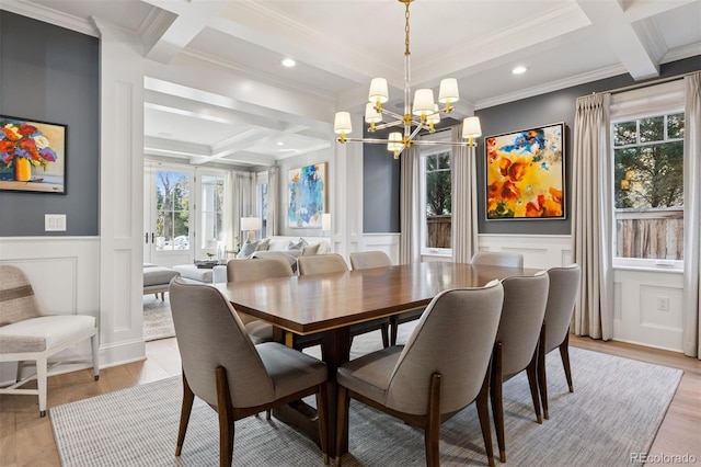 2130 S Milwaukee St, Denver, CO 80210 - dining room with beamed ceiling, coffered ceiling, a chandelier, and wainscoting