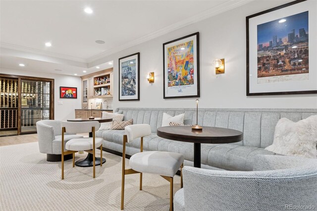 2130 S Milwaukee St, Denver, CO 80210 - living room with ornamental molding, light wood-style floors, recessed lighting, and indoor bar