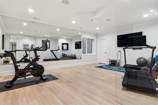 2130 S Milwaukee St, Denver, CO 80210 - exercise area featuring ceiling fan, recessed lighting, wood finished floors, and ornamental molding