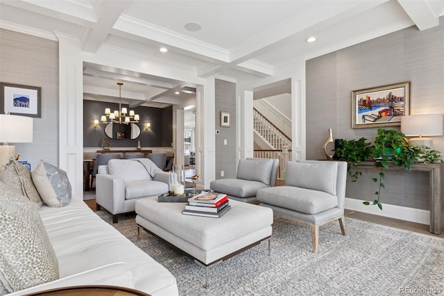2130 S Milwaukee St, Denver, CO 80210 - living area featuring coffered ceiling, wallpapered walls, stairs, and an inviting chandelier