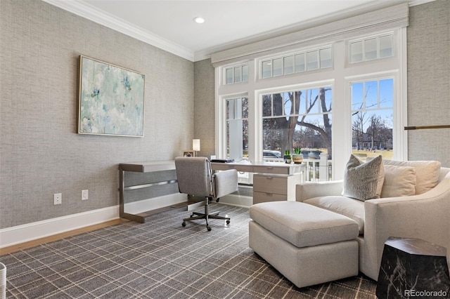 2130 S Milwaukee St, Denver, CO 80210 - office featuring baseboards, wallpapered walls, recessed lighting, crown molding, and dark carpet