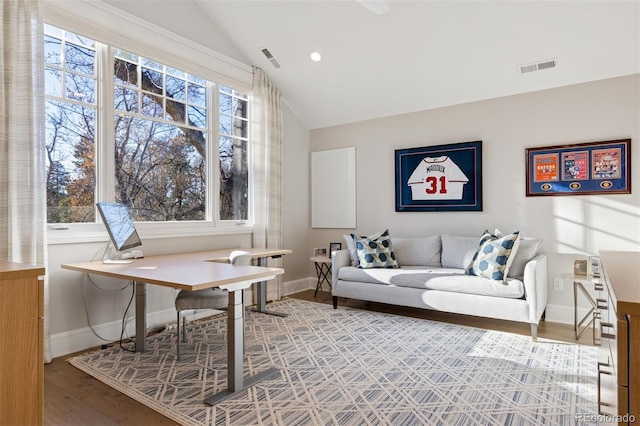 2130 S Milwaukee St, Denver, CO 80210 - home office featuring a wealth of natural light, baseboards, lofted ceiling, and wood finished floors