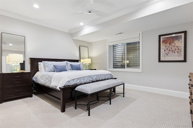 2130 S Milwaukee St, Denver, CO 80210 - bedroom with light carpet, ornamental molding, recessed lighting, baseboards, and ceiling fan