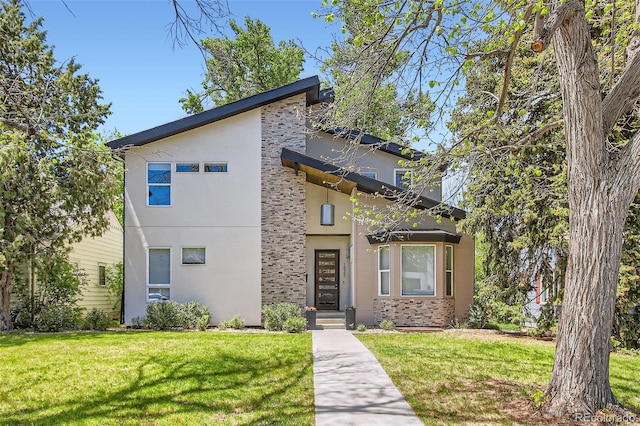 1533 S Columbine St, Denver, CO 80210 - contemporary house featuring stone siding, stucco siding, and a front yard