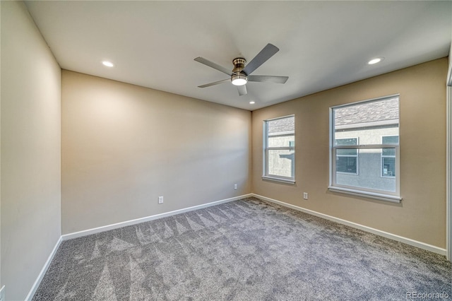 unfurnished room featuring carpet flooring and ceiling fan