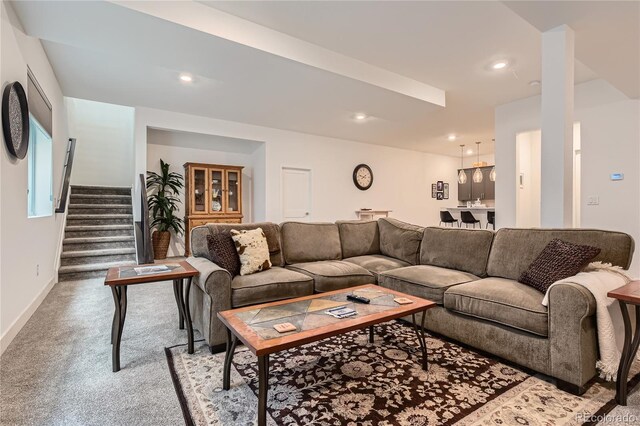 11253 Moondance Trl, Littleton, CO 80125 - living room with stairway, carpet floors, recessed lighting, and baseboards