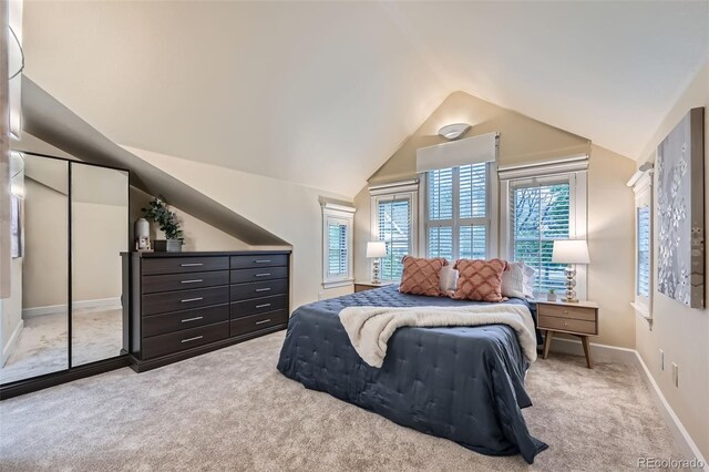 753 Pearl St, Boulder, CO 80302 - bedroom featuring light carpet, lofted ceiling, and baseboards