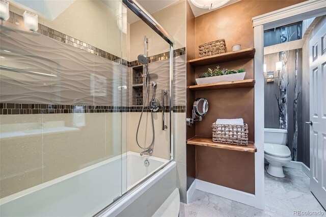 753 Pearl St, Boulder, CO 80302 - full bath with toilet, marble look tile flooring, enclosed tub / shower combo, and baseboards
