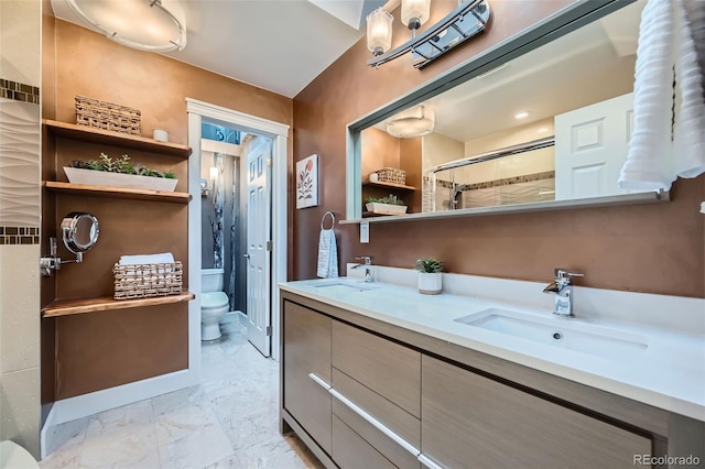 753 Pearl St, Boulder, CO 80302 - bathroom with a stall shower, toilet, double vanity, and marble look tile flooring