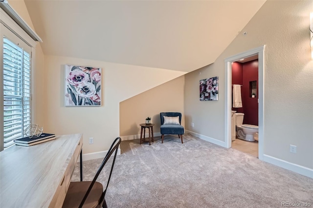 753 Pearl St, Boulder, CO 80302 - home office with carpet flooring, lofted ceiling, and baseboards