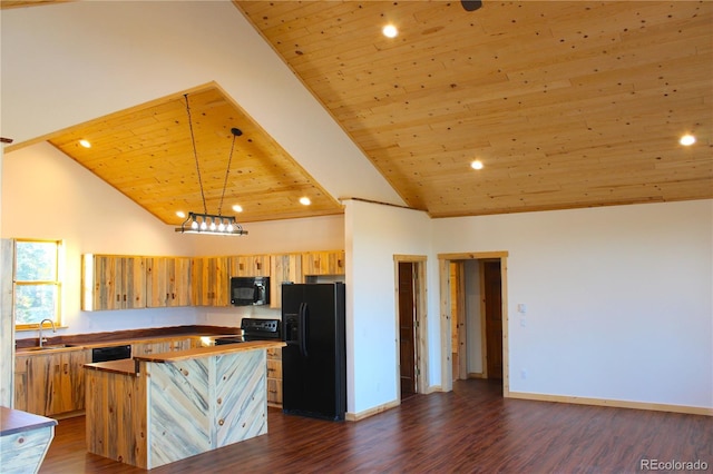 59 Whip Way, Hartsel, CO 80449 - kitchen featuring black appliances, wooden ceiling, high vaulted ceiling, a sink, and a kitchen island