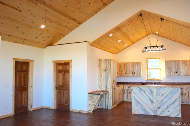 59 Whip Way, Hartsel, CO 80449 - kitchen with a sink, dark wood-type flooring, high vaulted ceiling, baseboards, and wooden ceiling