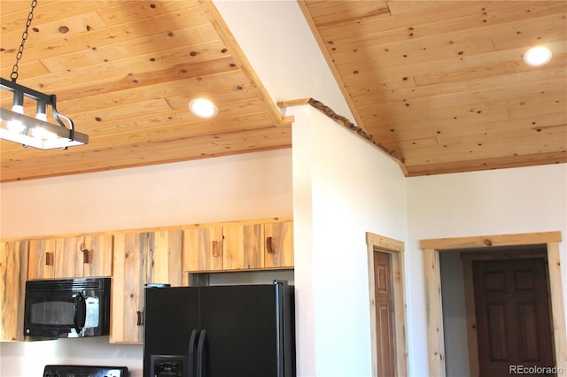 59 Whip Way, Hartsel, CO 80449 - kitchen view of black appliances, wood ceiling, and light brown cabinetry