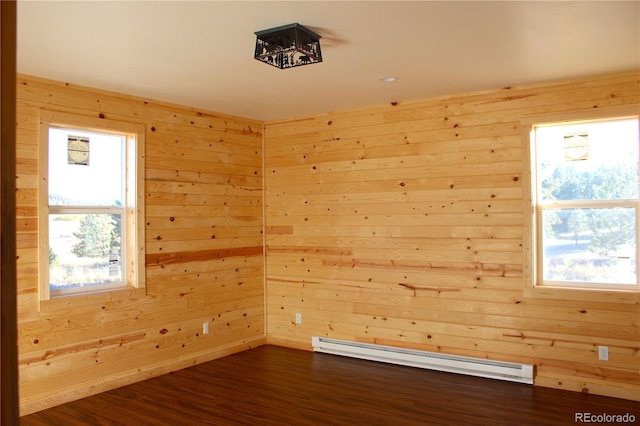 59 Whip Way, Hartsel, CO 80449 - spare room with baseboard heating, wood walls, and dark wood-type flooring