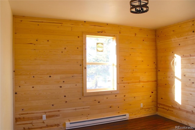 59 Whip Way, Hartsel, CO 80449 - empty room with a baseboard radiator, wooden walls, and dark wood-style flooring