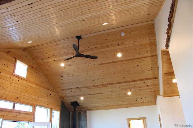 59 Whip Way, Hartsel, CO 80449 - detailed view of wood ceiling, recessed lighting, ceiling fan, and a wood stove