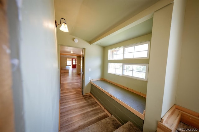 stairs featuring hardwood / wood-style floors and vaulted ceiling