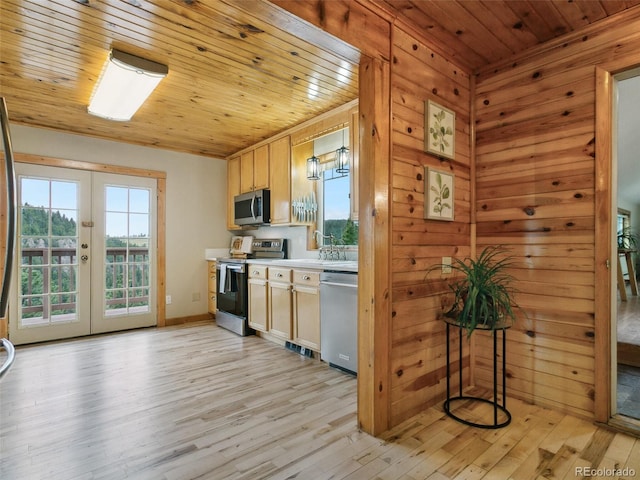 6066 Crawford Gulch Rd, Golden, CO 80403 - kitchen featuring appliances with stainless steel finishes, french doors, light wood-type flooring, light countertops, and wood ceiling