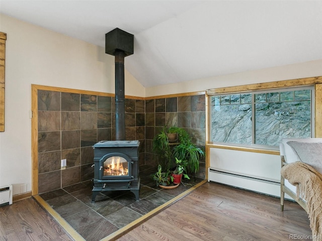 6066 Crawford Gulch Rd, Golden, CO 80403 - detailed view of a wood stove, a baseboard heating unit, and wood finished floors