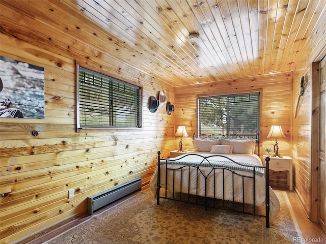 6066 Crawford Gulch Rd, Golden, CO 80403 - bedroom with baseboard heating, wood ceiling, and wood walls