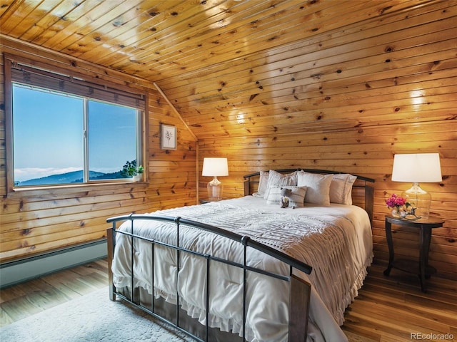 6066 Crawford Gulch Rd, Golden, CO 80403 - bedroom featuring lofted ceiling, wood-type flooring, wood walls, a baseboard heating unit, and wood ceiling