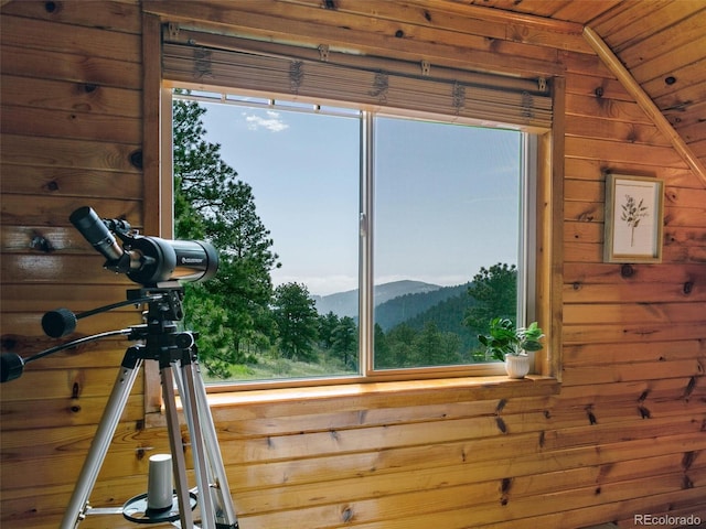 6066 Crawford Gulch Rd, Golden, CO 80403 - workout room featuring wooden walls, vaulted ceiling, wood ceiling, and a mountain view
