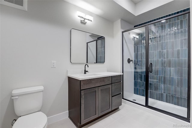 bathroom with walk in shower, vanity, toilet, and tile patterned floors