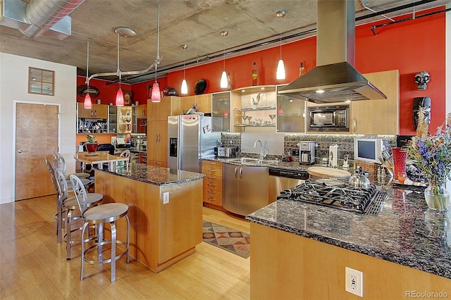 kitchen with sink, hanging light fixtures, light hardwood / wood-style flooring, island exhaust hood, and stainless steel appliances