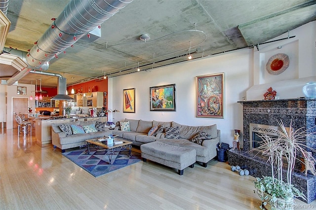 living room featuring hardwood / wood-style flooring, track lighting, and a fireplace