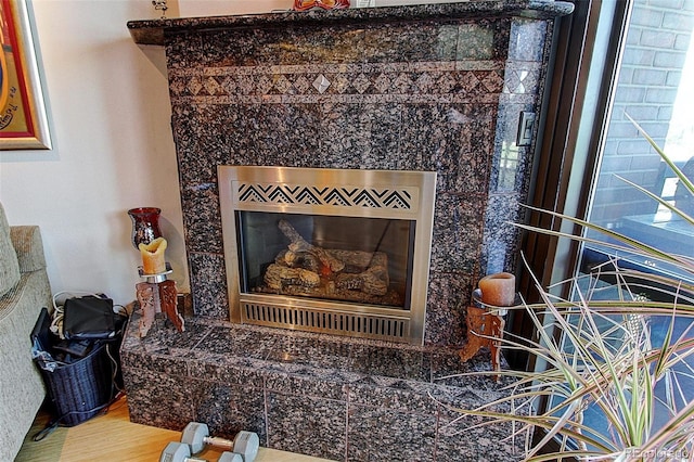 interior details with a fireplace