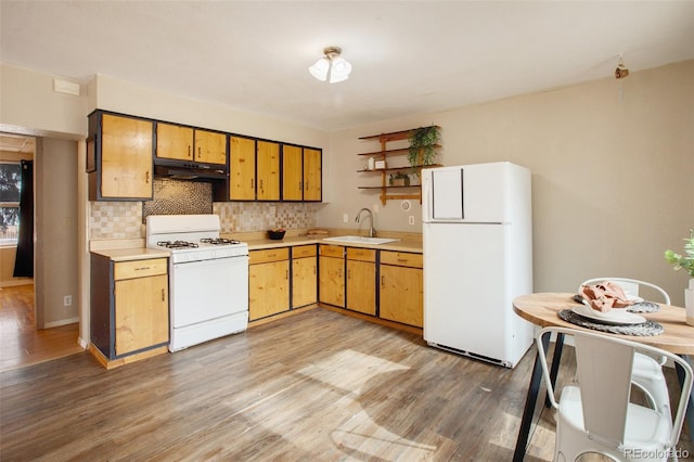 kitchen with light countertops, a sink, light wood-style flooring, and white appliances