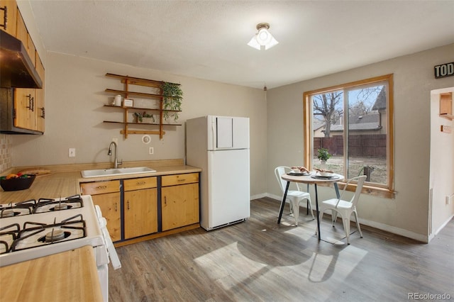 kitchen with light countertops, open shelves, white appliances, under cabinet range hood, and a sink