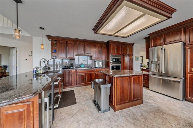 kitchen featuring open shelves, appliances with stainless steel finishes, a center island, dark stone counters, and decorative backsplash