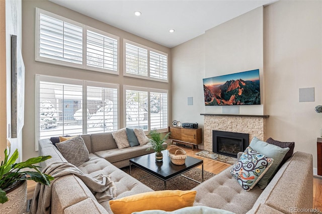 living room with hardwood / wood-style flooring, a towering ceiling, and a fireplace