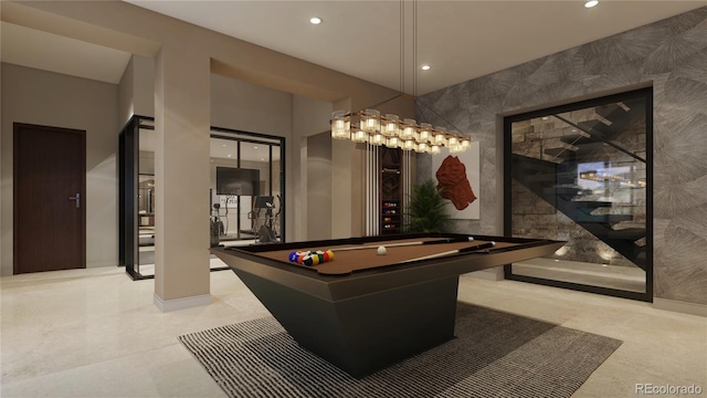 recreation room featuring light tile patterned floors, tile walls, and pool table