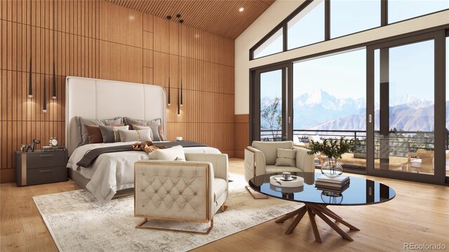 bedroom with a mountain view, light hardwood / wood-style flooring, and high vaulted ceiling