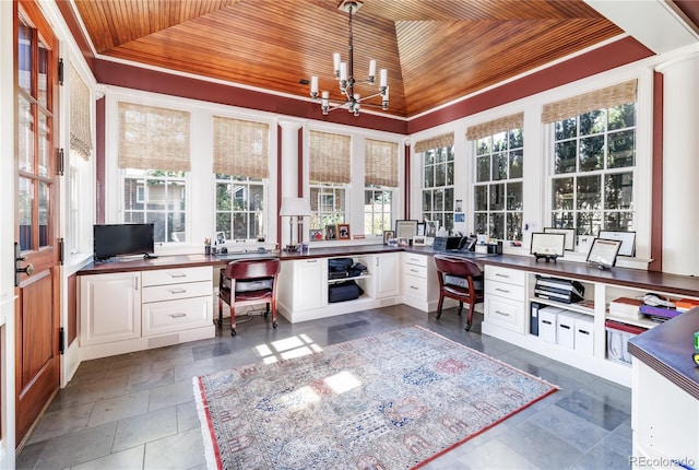 sunroom / solarium with wood ceiling, lofted ceiling, built in desk, and an inviting chandelier