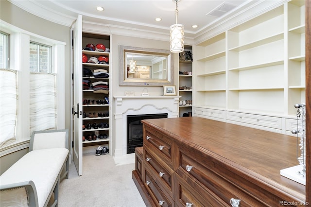 spacious closet featuring light carpet