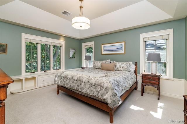 bedroom featuring a raised ceiling and light colored carpet