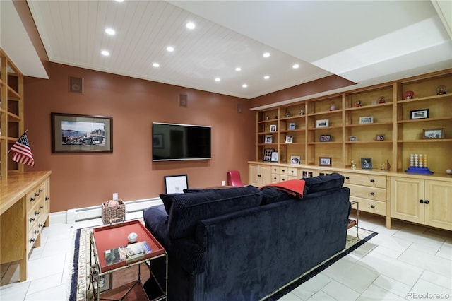 living room featuring crown molding, a baseboard heating unit, wood ceiling, and built in shelves