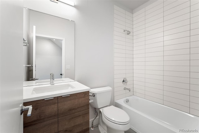 full bathroom with toilet, vanity, and tub / shower combination