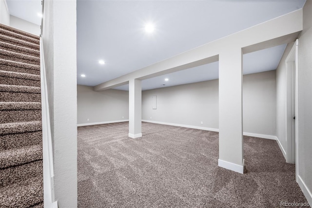 4064 S Olathe Ct, Aurora, CO 80013 - finished basement with carpet flooring, stairs, and recessed lighting