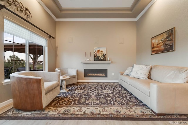 19688 E 52nd Ave, Denver, CO 80249 - living area featuring a glass covered fireplace, crown molding, baseboards, a raised ceiling, and wood finished floors