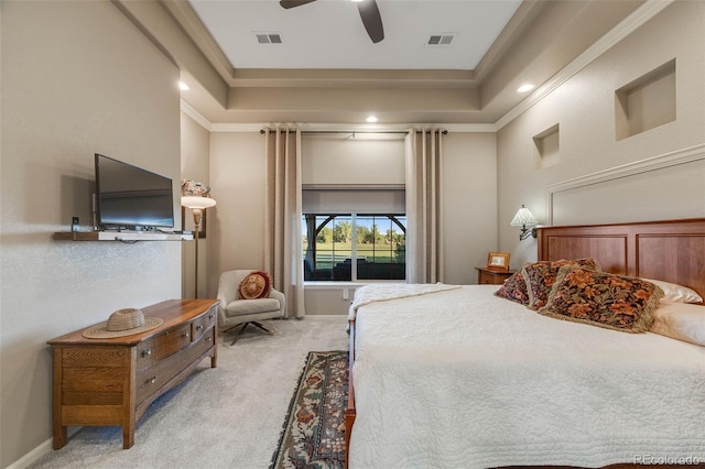 19688 E 52nd Ave, Denver, CO 80249 - bedroom featuring light carpet, a tray ceiling, crown molding, and ceiling fan