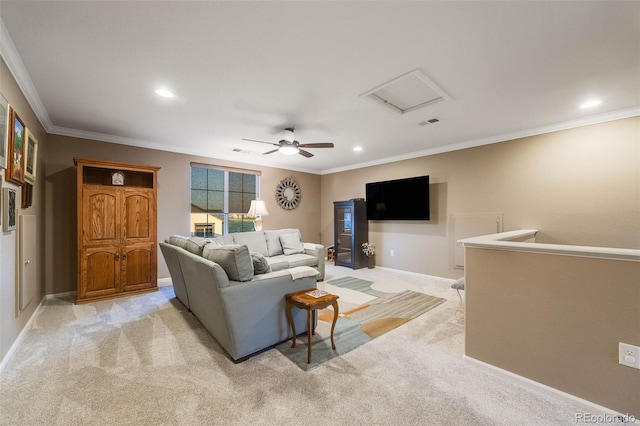19688 E 52nd Ave, Denver, CO 80249 - living room with light carpet, crown molding, attic access, recessed lighting, and ceiling fan