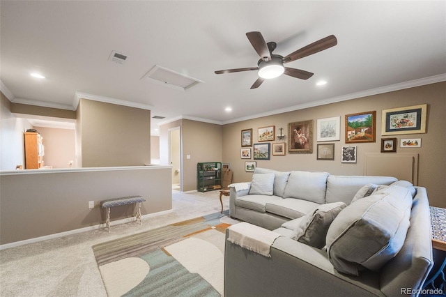 19688 E 52nd Ave, Denver, CO 80249 - carpeted living room featuring attic access, ornamental molding, recessed lighting, ceiling fan, and baseboards