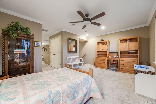 19688 E 52nd Ave, Denver, CO 80249 - bedroom featuring light colored carpet, ornamental molding, recessed lighting, a desk, and ceiling fan