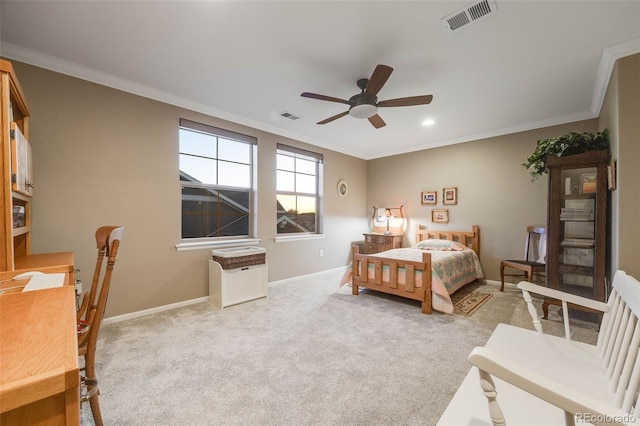 19688 E 52nd Ave, Denver, CO 80249 - bedroom with crown molding, baseboards, light colored carpet, a ceiling fan, and recessed lighting