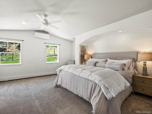 2571 SW Grapevine Rd, Idledale, CO 80453 - carpeted bedroom with an AC wall unit, baseboard heating, lofted ceiling, a textured ceiling, and a ceiling fan