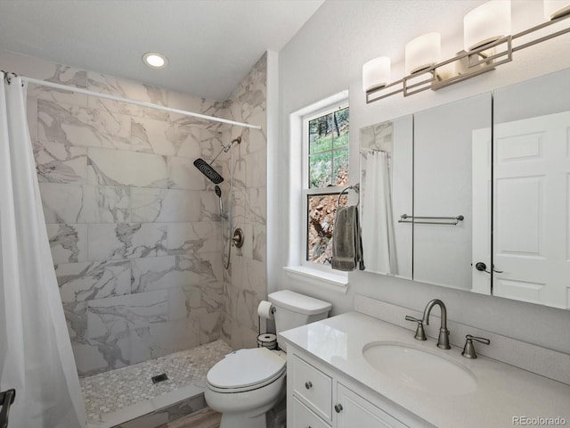 2571 SW Grapevine Rd, Idledale, CO 80453 - bathroom featuring a tile shower, vanity, toilet, and recessed lighting